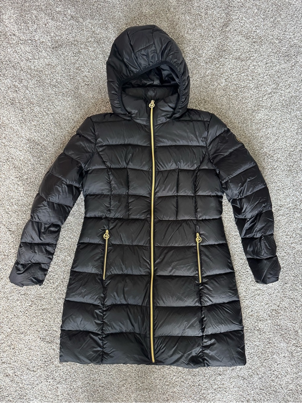 Michael Kors Black Long Packable Hooded Puffer Coat with Gold Zippers